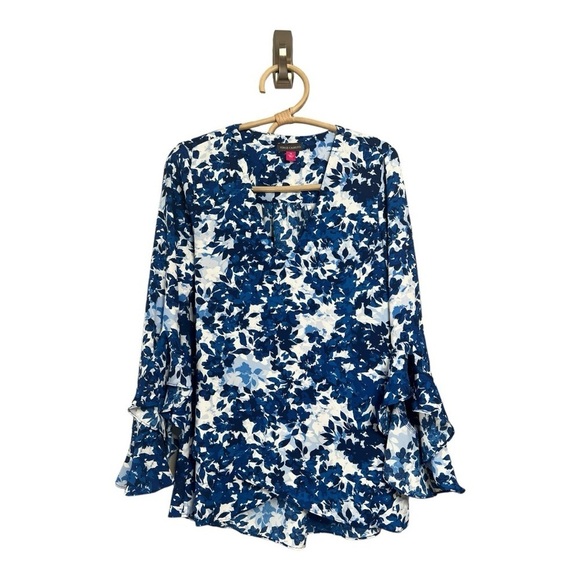 Vince Camuto Flutter Sleeve V-Neck Layered Navy White Leaves Womens Oversized XS - Picture 3 of 16